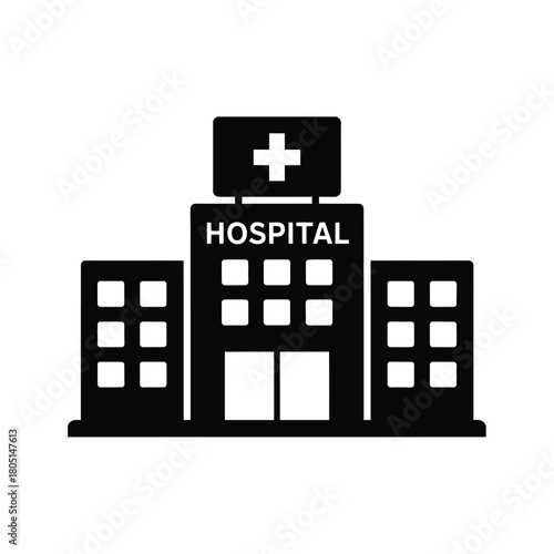 A black and white illustration of a hospital building with a cross symbol.