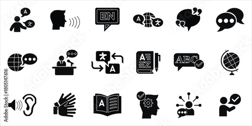 language icons set. spech, translate, vocabulary, listening, grammar, phrases and more. simple solid vector