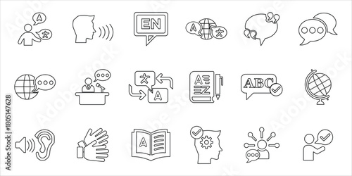 language icons set. spech, translate, vocabulary, listening, speaking, language skills and more. simple line vector