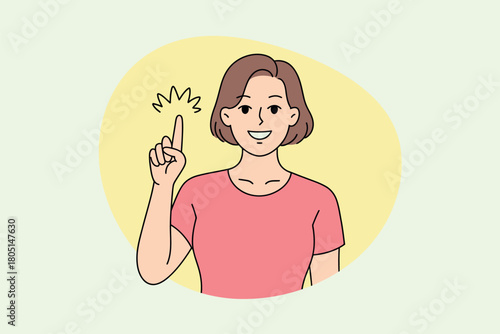 A smiling woman points her finger upwards, signifying an idea or a moment of realization.