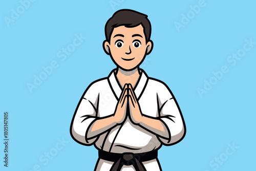 A young man in a karate gi bows with his hands pressed together in a traditional greeting.