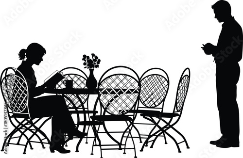 Silhouette of woman reading book at cafe table while man stands nearby using smartphone, waiting for date vector