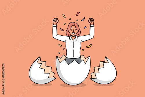 A person emerges from a cracked eggshell, celebrating their breakthrough with confetti raining down.