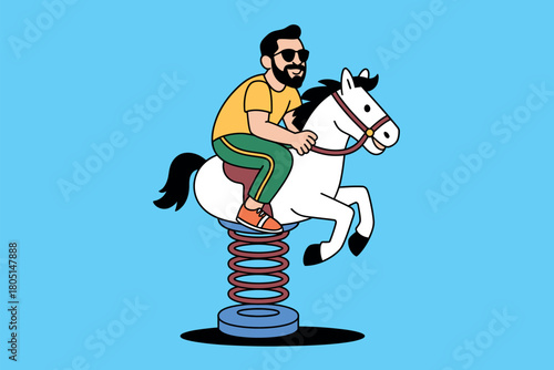 A fashionable man rides a spring-loaded horse toy, illustrating a whimsical and playful concept.