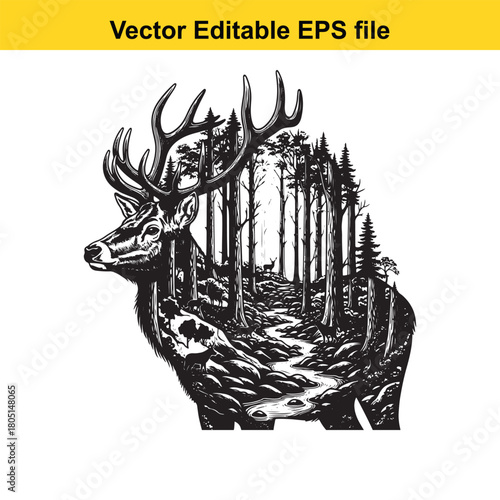 Double exposure of a majestic stag head superimposed with a dense forest landscape and winding river path, isolated on