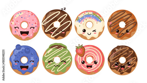 Adorable cartoon donuts with cute faces and colorful toppings create a playful and whimsical treat perfect for children's designs, birthday parties, and sweet celebrations