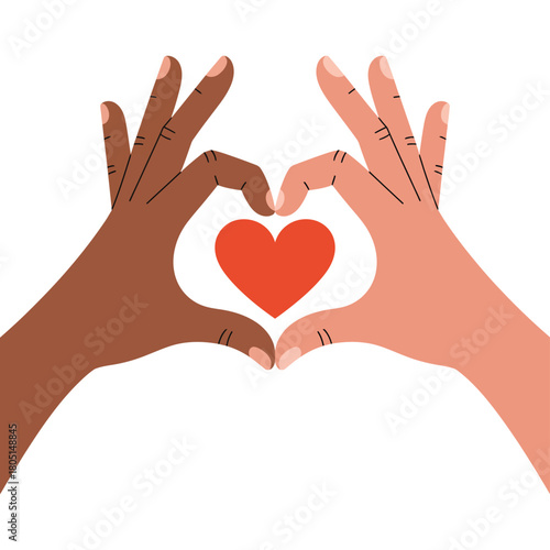 Two different colored hands form a heart shape around a red heart.
