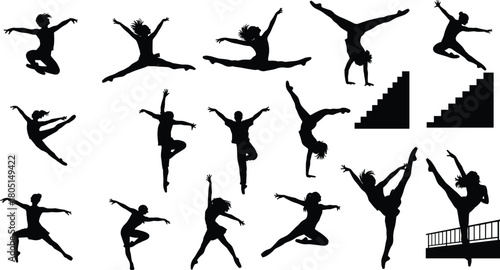 Silhouette set of dancers and gymnasts jumping, doing splits and handstands, energetic people performing artistic moves, vector illustration collection