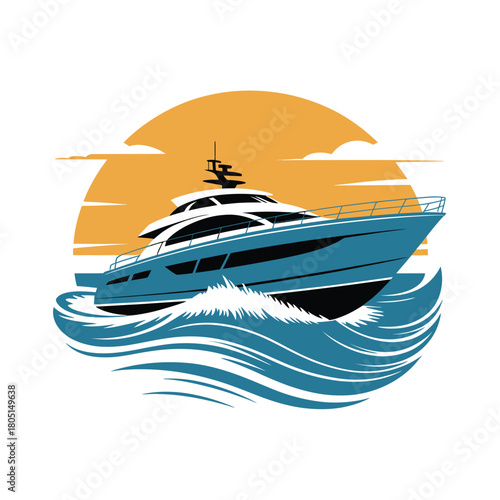 A sleek yacht cuts through the ocean waves with a sunset in the background.