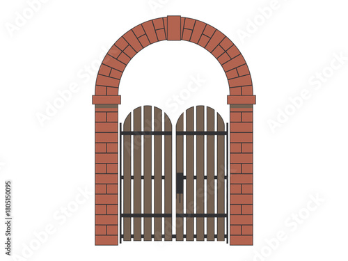 Illustration of a wooden gate with a brick archway on a white background