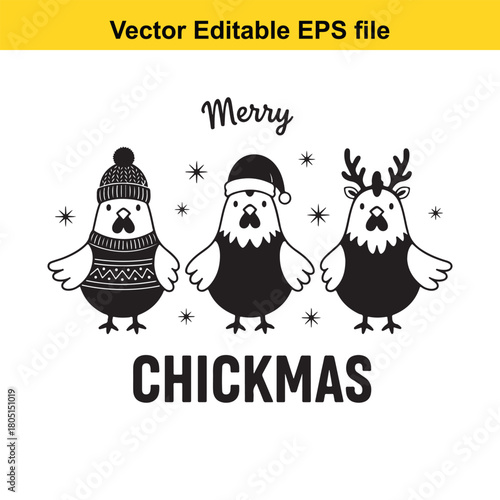 Three cute cartoon chickens wearing winter hats and sweaters, one with reindeer antlers, celebrating chickmas with snowflakes and text, isolated on