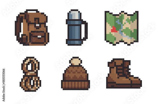 Set of pixel art icons for hiking and camping, including a backpack, map, thermos, rope, hat, and boot
