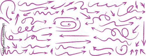 Collection of hand drawn pink arrows and swirls illustrating direction and movement on a white background