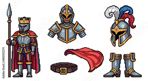 Pixel art set of a medieval king character and individual armor pieces like a helmet, cape, and boots, designed for a retro fantasy video game and