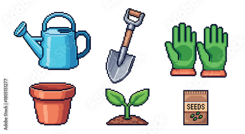 Collection of pixel art gardening icons including a watering can, shovel, gloves, pot, sprout, and seed packet