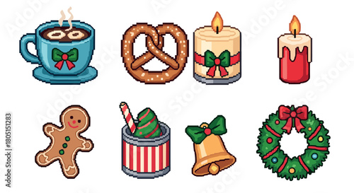 Delightful collection of pixel art Christmas and holiday icons including hot chocolate, candles, a gingerbread man, and a festive wreath