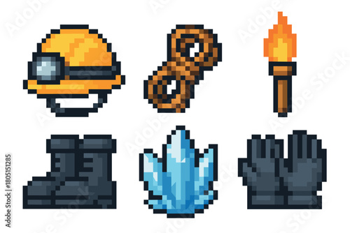 Retro 8-bit pixel art set of mining and exploration equipment including a helmet, rope, torch, boots, gloves, and a glowing blue crystal