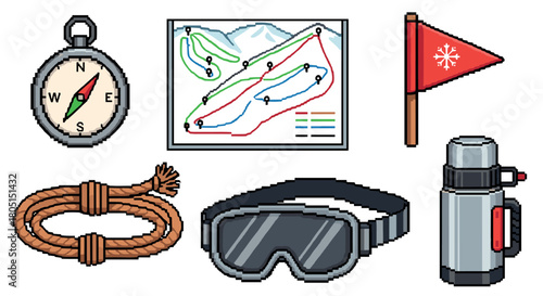 Collection of pixel art icons featuring winter sports and mountain adventure equipment, including a compass, ski map, goggles, and thermos