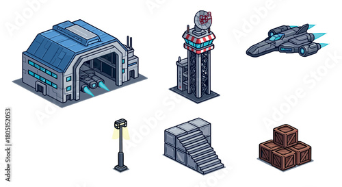 Set of futuristic sci-fi isometric game assets featuring a spaceship, hangar, control tower, crates, and stairs