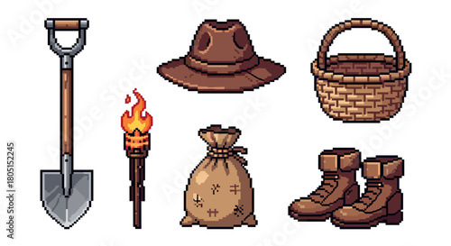 Set of pixel art icons for a fantasy or adventure video game, featuring a shovel, torch, boots, hat, basket, and a burlap sack
