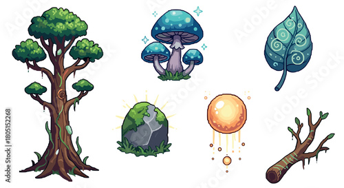 Illustrated set of magical forest game assets with a fantasy tree, glowing blue mushrooms, an enchanted leaf, a mossy stone, and a radiant orb