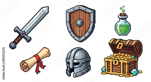 Set of retro pixel art fantasy RPG icons for a video game, featuring a sword, shield, helmet, magic potion, quest scroll, and a treasure chest full of gold