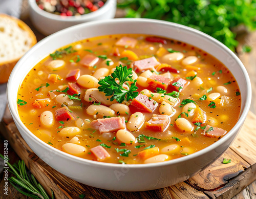 Navy bean and ham soup, closeup. AI