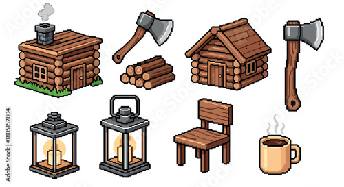 Set of pixelated game assets with a cozy woodland theme, including wooden huts, lumberjack tools, candlelit lamps, and a steaming mug, presented in a retro 8-bit design