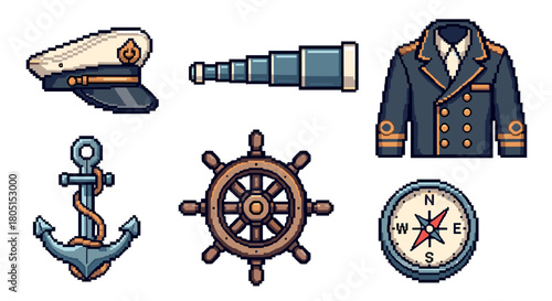 Collection of pixel art icons featuring nautical and maritime captain's equipment, including a hat, uniform, anchor, ship's wheel, compass, and spyglass