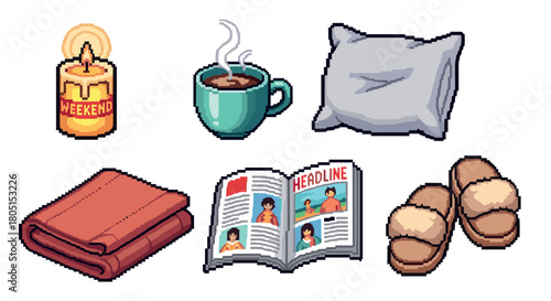 Collection of cozy weekend relaxation items in a retro pixel art style, including a candle, hot coffee, pillow, towel, newspaper, and slippers