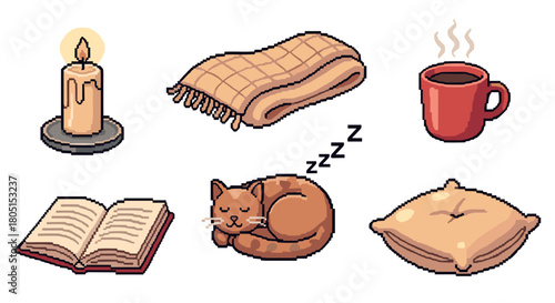 Collection of six pixel art icons representing a cozy and comfortable home atmosphere with a sleeping cat, candle, book, hot drink, blanket, and pillow in a retro video game style