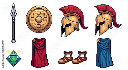 Pixel art set of ancient warrior equipment for a retro video game, featuring a plumed helmet, shield, spear, cloaks, sandals, and a magic gem