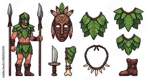 Pixel art asset pack for a video game featuring a jungle warrior character with leaf armor, a tribal mask, spears, and other primitive equipment