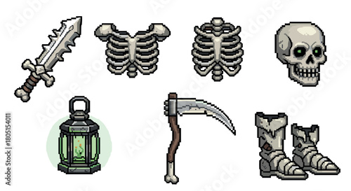 Set of pixel art fantasy RPG items for an undead character, including a bone sword, skull, rib cage armor, scythe, and glowing green lantern