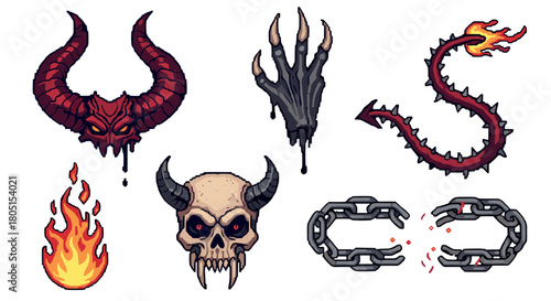 Collection of pixel art icons featuring demonic fantasy elements like a horned skull, monster claw, flaming tail, and broken chains