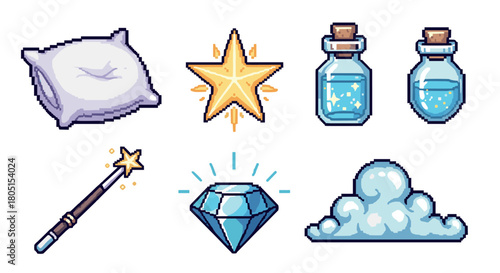 Charming collection of fantasy and sleep-themed pixel art assets, including a pillow, star, magic potion, wand, diamond, and cloud, rendered in a retro video game style