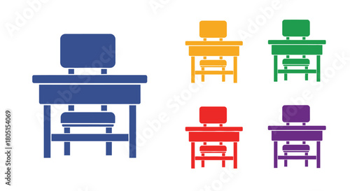 Colorful classroom furniture desks and chairs in a flat vector design