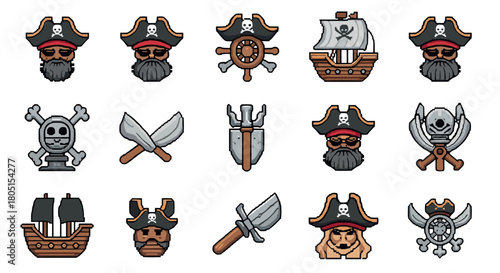 Diverse set of pirate-themed video game assets in a 2D pixel art style, showing character icons, ships, weapons, and emblems like the skull and crossbones