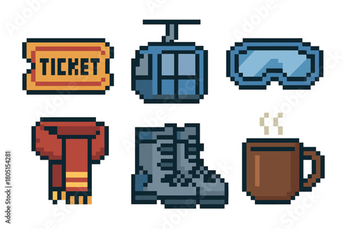 Collection of pixel art icons representing winter sports and mountain vacation essentials like a ski lift ticket, gondola, goggles, scarf, boots, and a hot drink