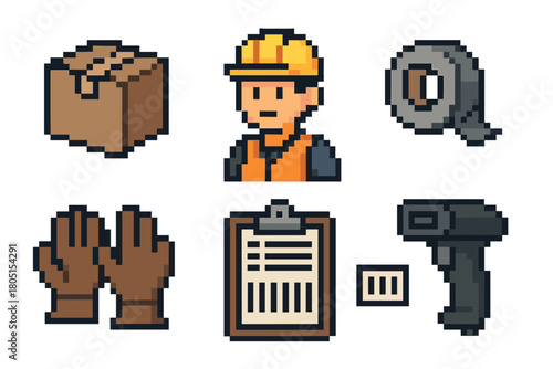 Collection of pixel art icons representing warehouse and logistics work, including a worker, box, scanner, and tape