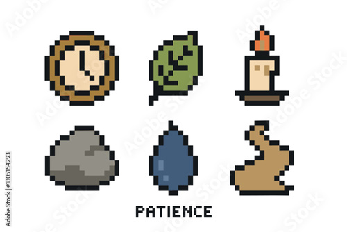 Pixel art collection of six icons and the word patience, featuring a clock, leaf, candle, stone, water drop, and rabbit in a retro 8-bit video game style