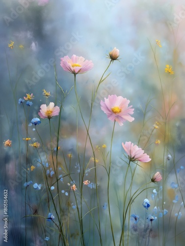 Wallpaper Mural Floral Symphony: a dance of pink cosmos and azure wildflowers meadow. Torontodigital.ca