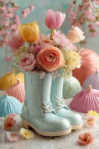 Creative Blue Boot Cake Design With Flowers and Umbrellas at a Festive Event