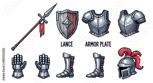 Pixel art set of a fantasy knight's equipment with a plumed helmet, gauntlets, chest plate, boots, shield, and lance