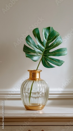 Elegant Glass Vase With Green Monstera Leaf Displayed on a Wooden Surface in ...