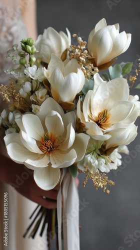 Beautiful Floral Bouquet With White Magnolias and Delicate Accents for a Wedd...