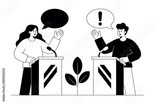 Two people engage in a debate at podiums with speech bubbles above their heads.