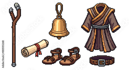 Pixel art collection of a fantasy traveler's gear with a robe, wooden staff, ancient scroll, and bell, designed as icons or assets for a role-playing video game
