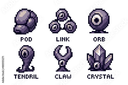 Labeled set of six pixelated fantasy or science fiction monster icons, including a watching eyeball, a crystal formation, and an organic pod, designed in a retro video game style