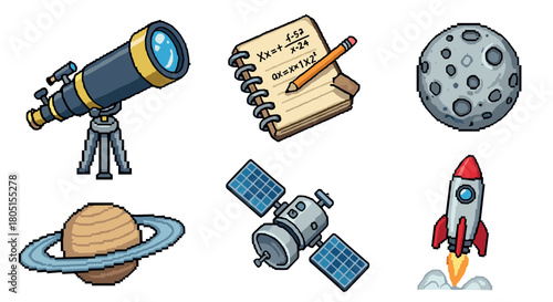 Collection of retro pixel art icons representing space exploration and science, featuring a telescope, launching rocket, satellite, moon, ringed planet, and a notebook with formulas